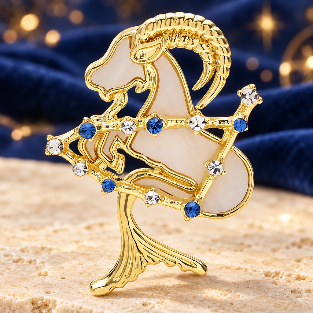 Aries Goat with Blue Star Accents Brooch — styled background