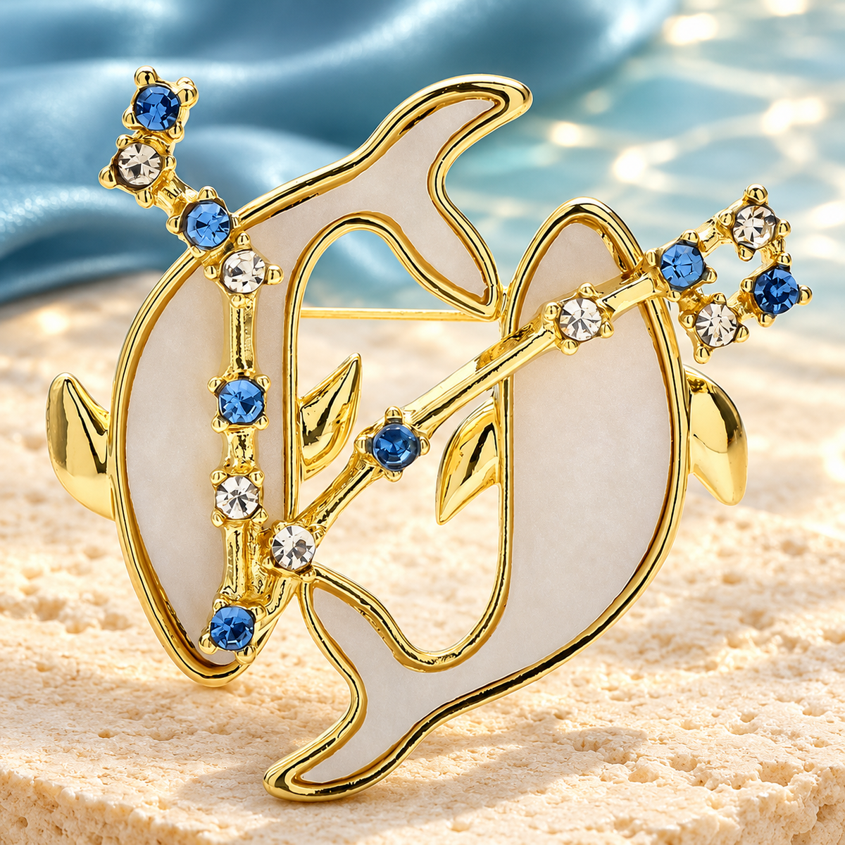 Pisces Dolphins with Blue Star Accents Brooch — styled background