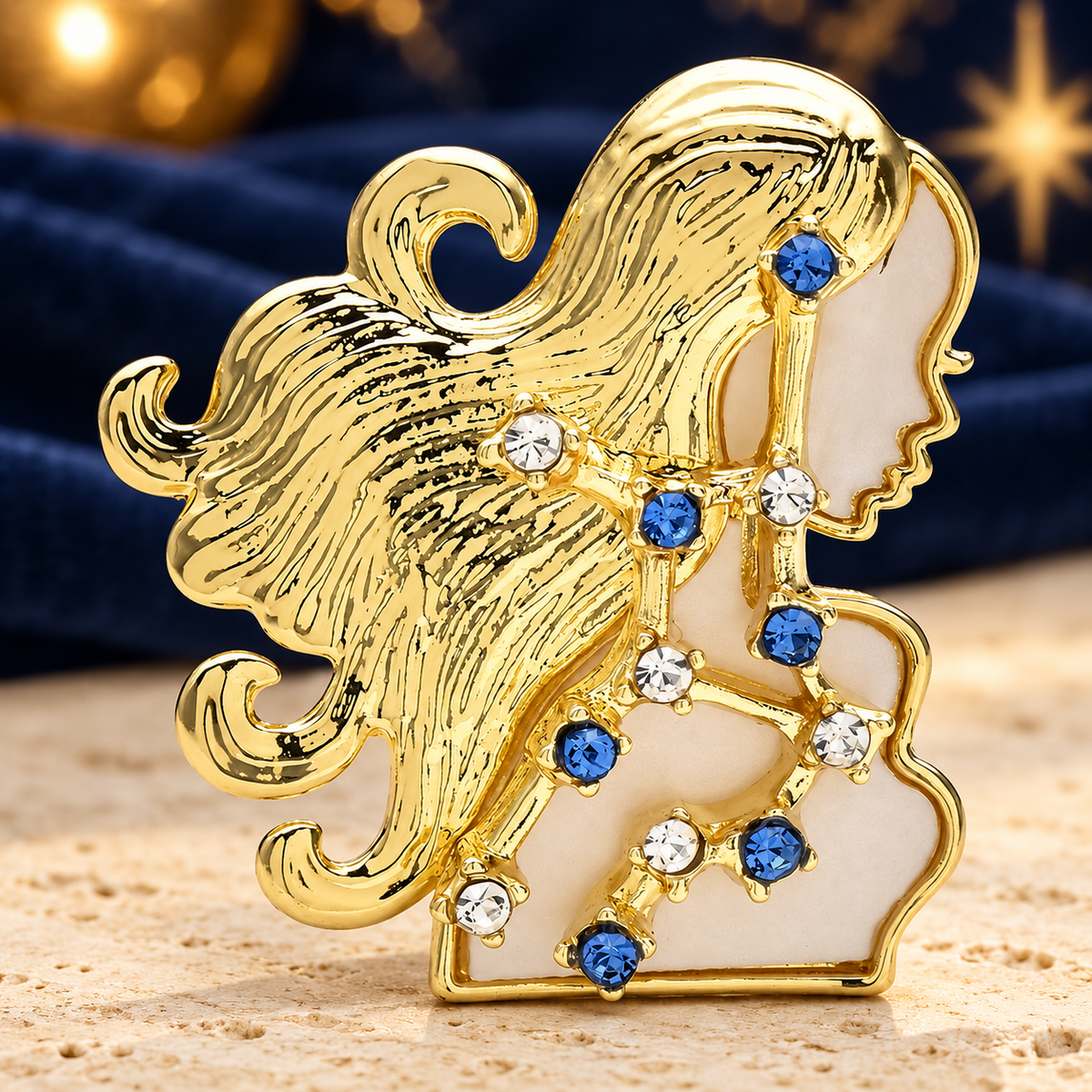 Virgo Maiden with Blue Star Accents Brooch — styled background