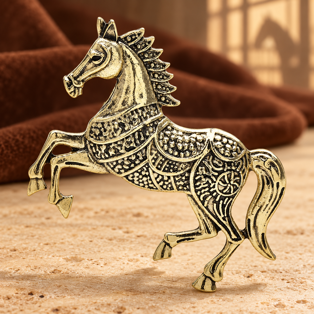 Openwork Running Horse Brooch — styled background
