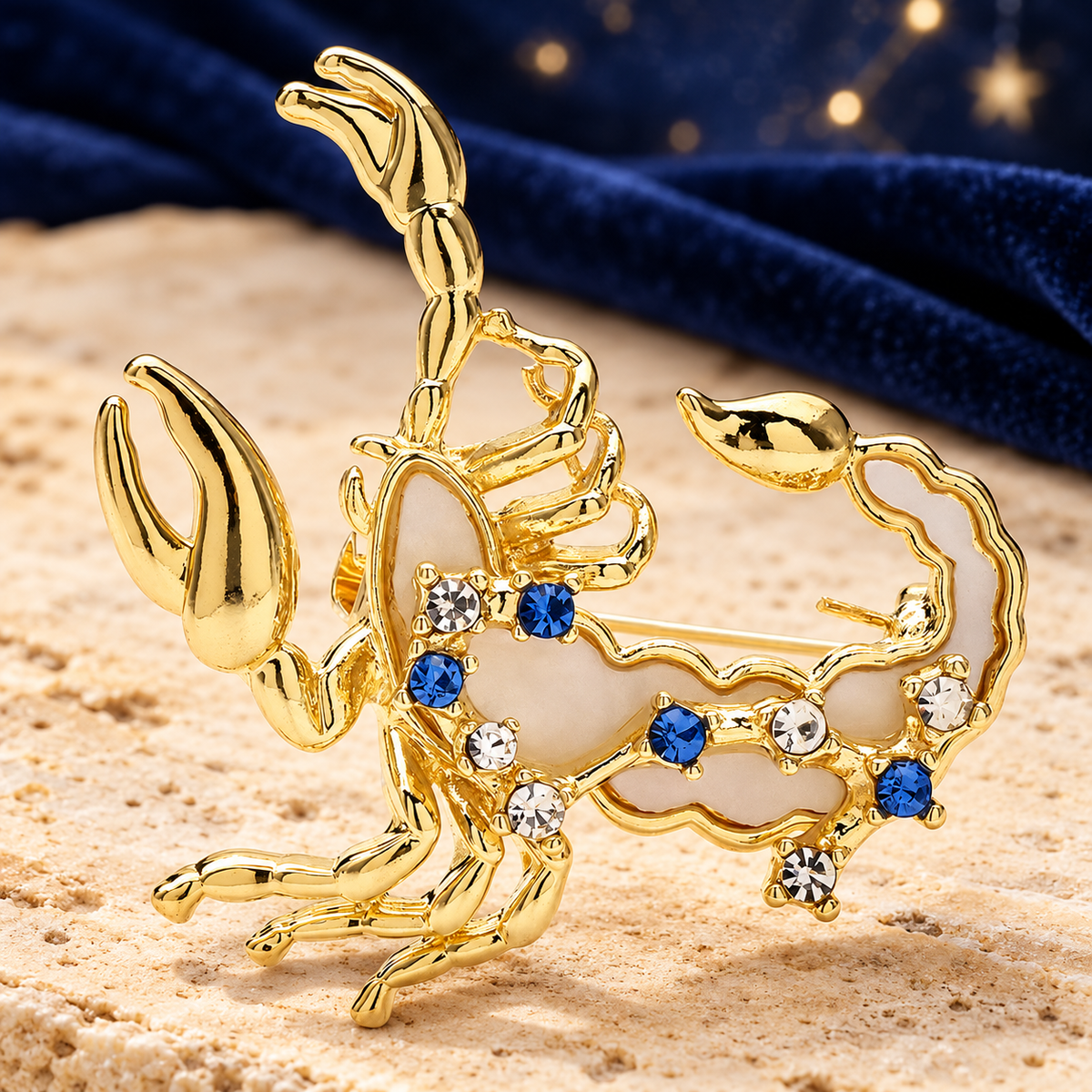 Scorpio Zodiac with Blue Star Accents Brooch — styled background