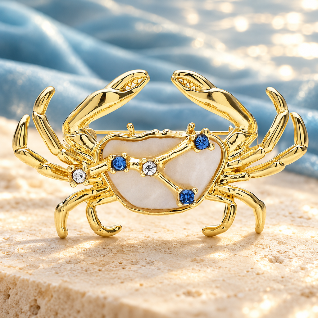 Cancer Crab Zodiac with Blue Star Accents Brooch — styled background