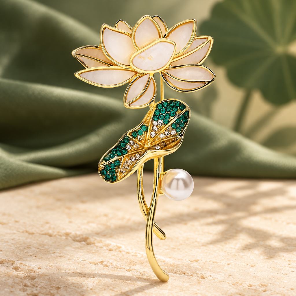 Lotus Flower and Green Leaf Brooch — styled background