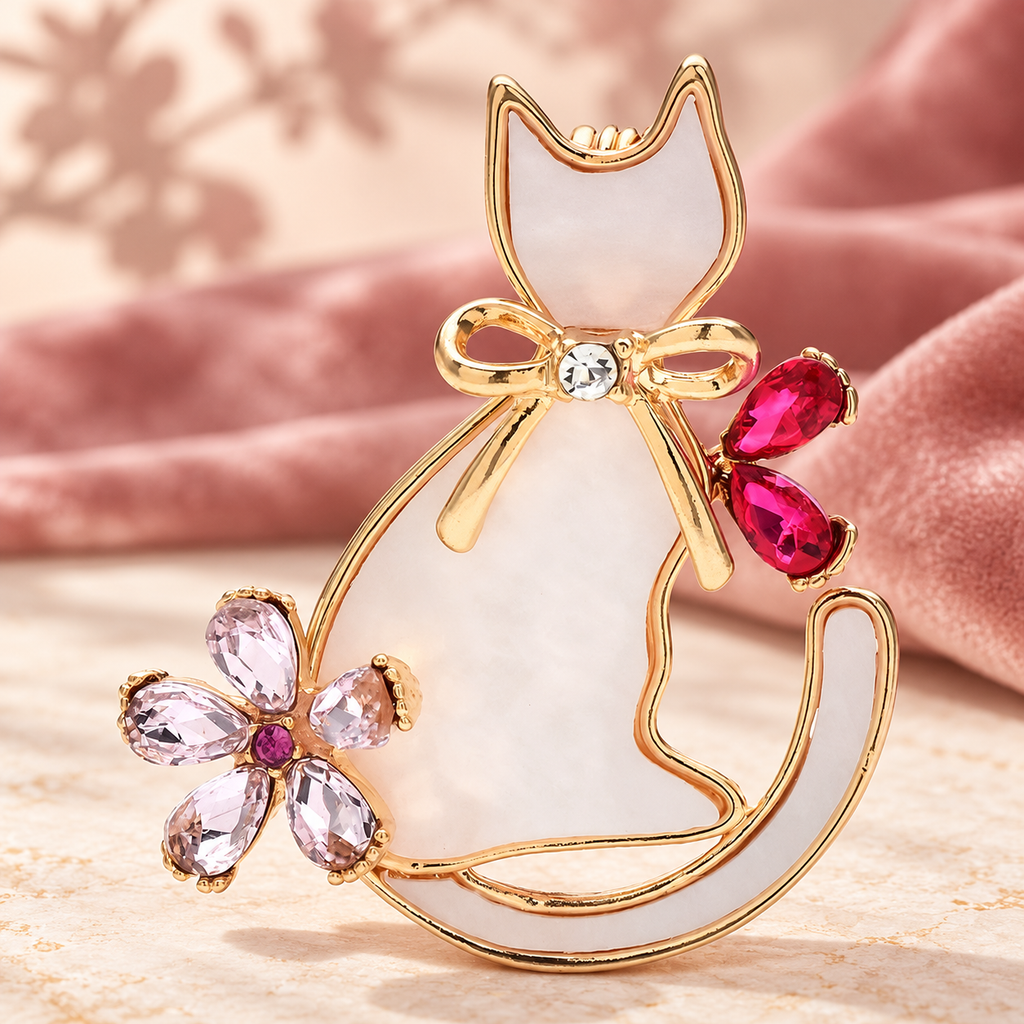 Flower Cat with Pearl-Look Body Brooch — styled background