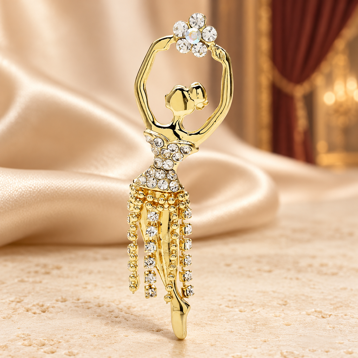 Dancing Lady with Rhinestone Tassels Brooch — styled background
