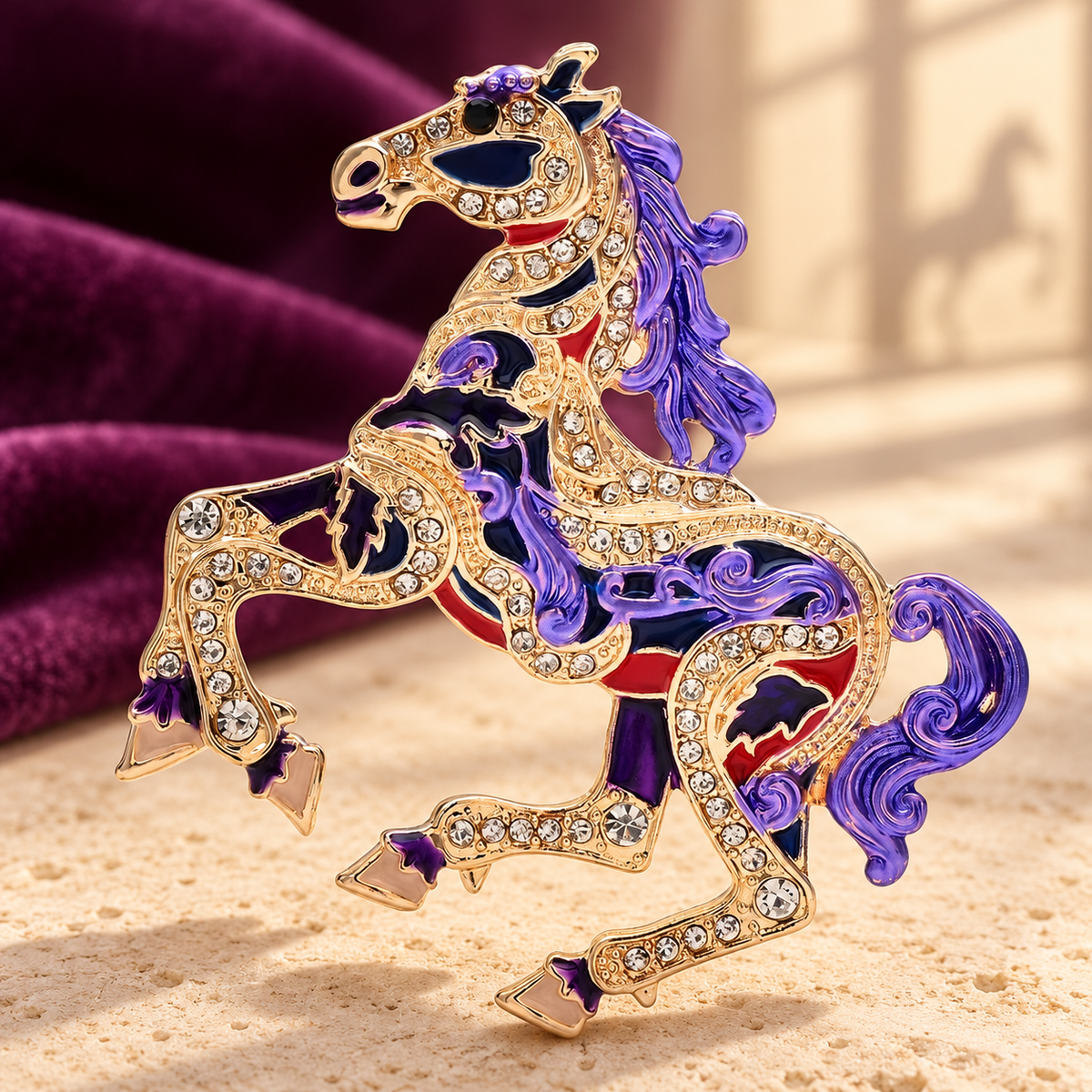 Colorful Jeweled Running Horse Brooch — styled background
