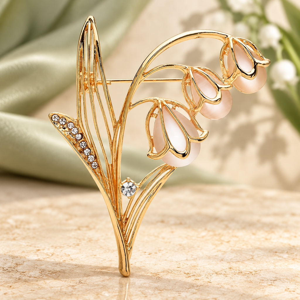 Lily of the Valley with Pearl-Look Flowers Brooch — styled background