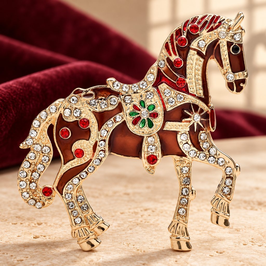 Jeweled Prancing Horse Brooch — styled background