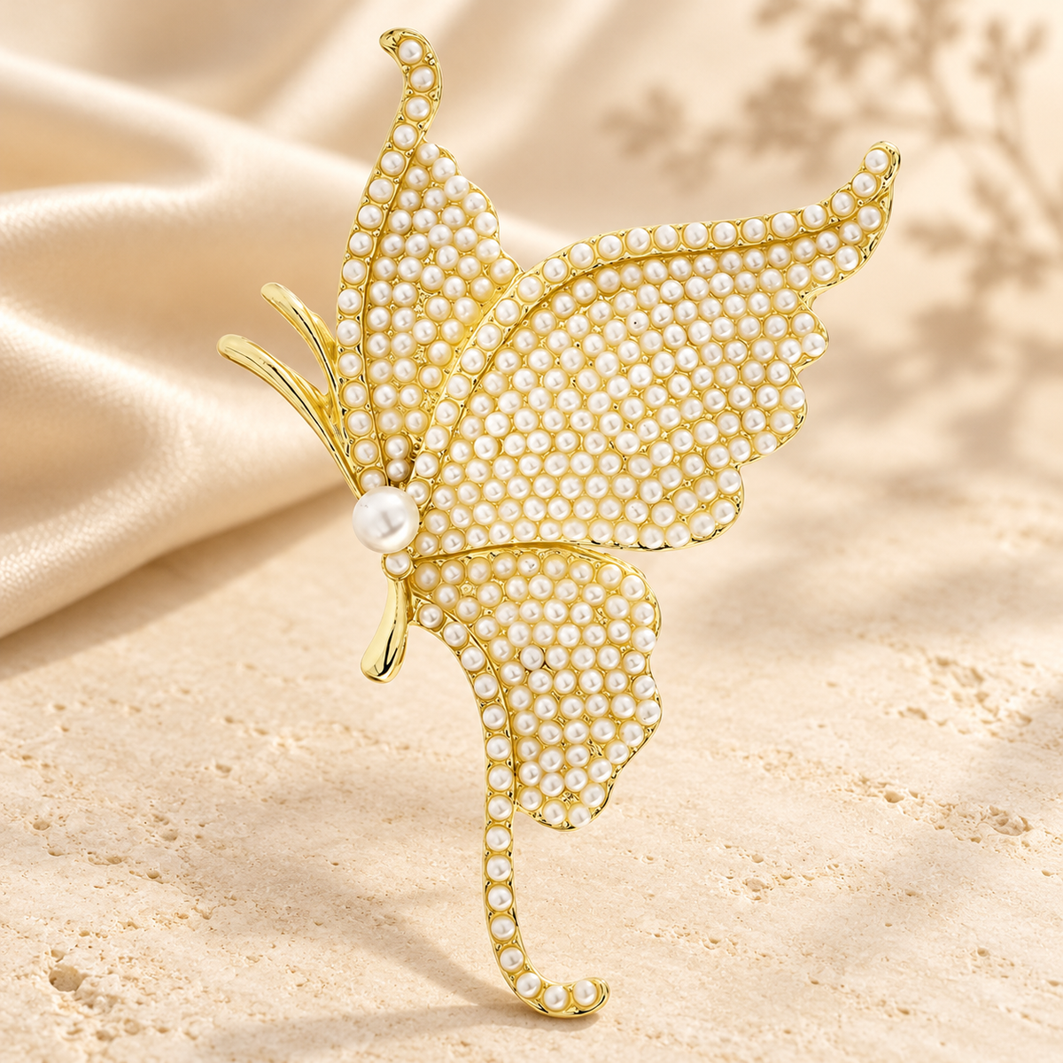 Pearl-Look Butterfly Brooch — styled background
