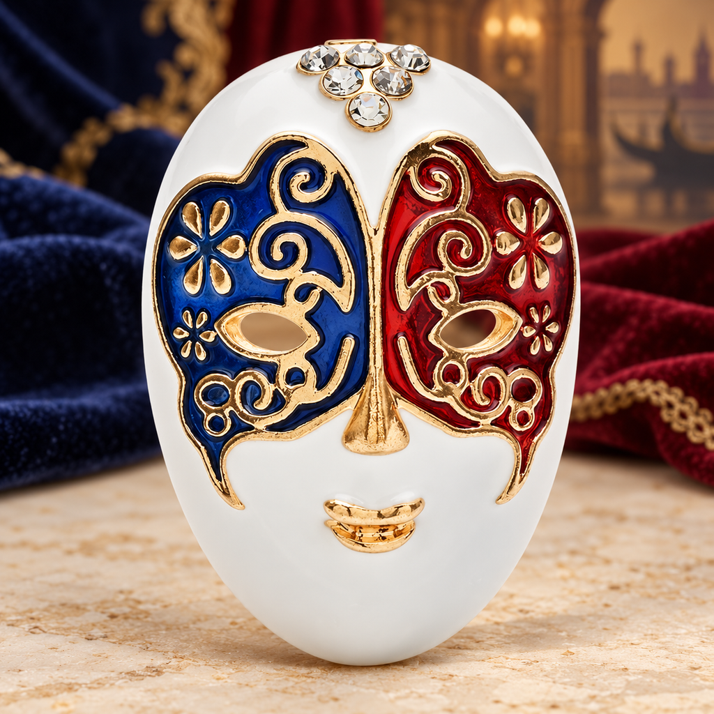 Jeweled Enamel Face Mask Brooch — styled background