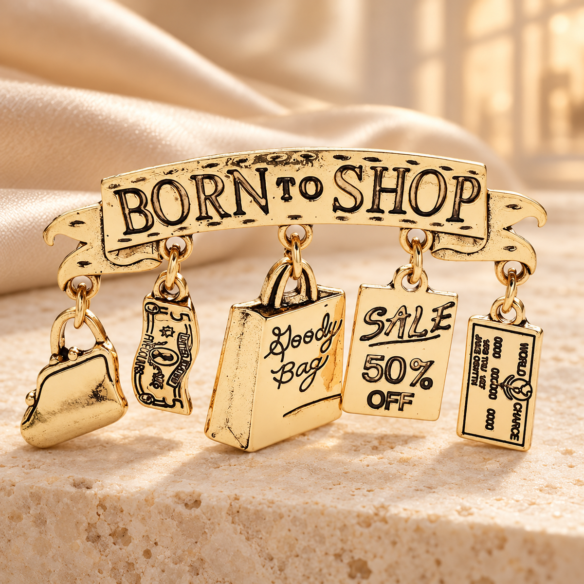 Born to Shop Charm Brooch — styled background