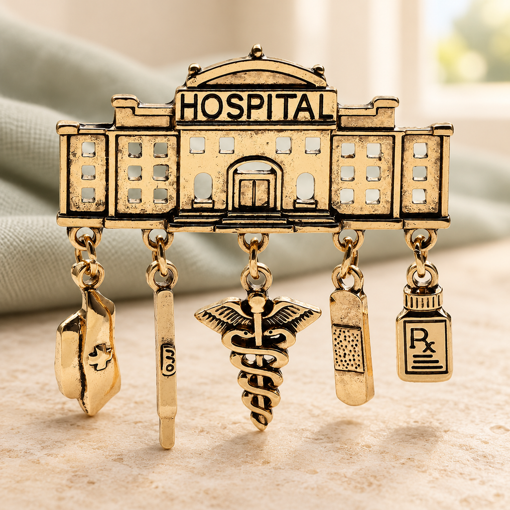 Hospital with Medical Charms Brooch — styled background