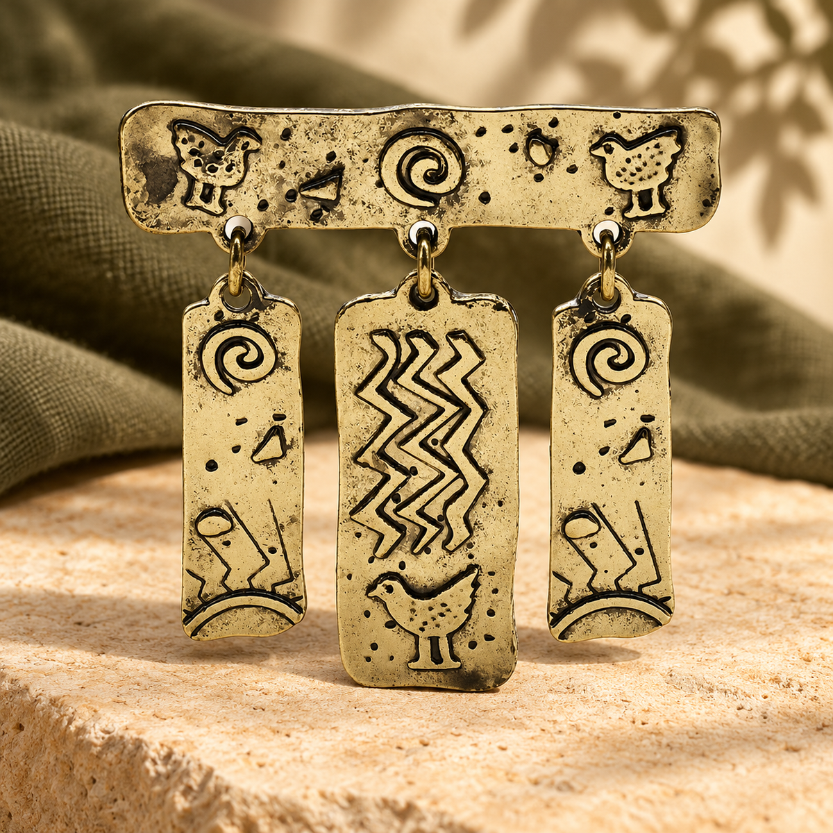 Mystic Symbols with Tassel Charms Brooch — styled background