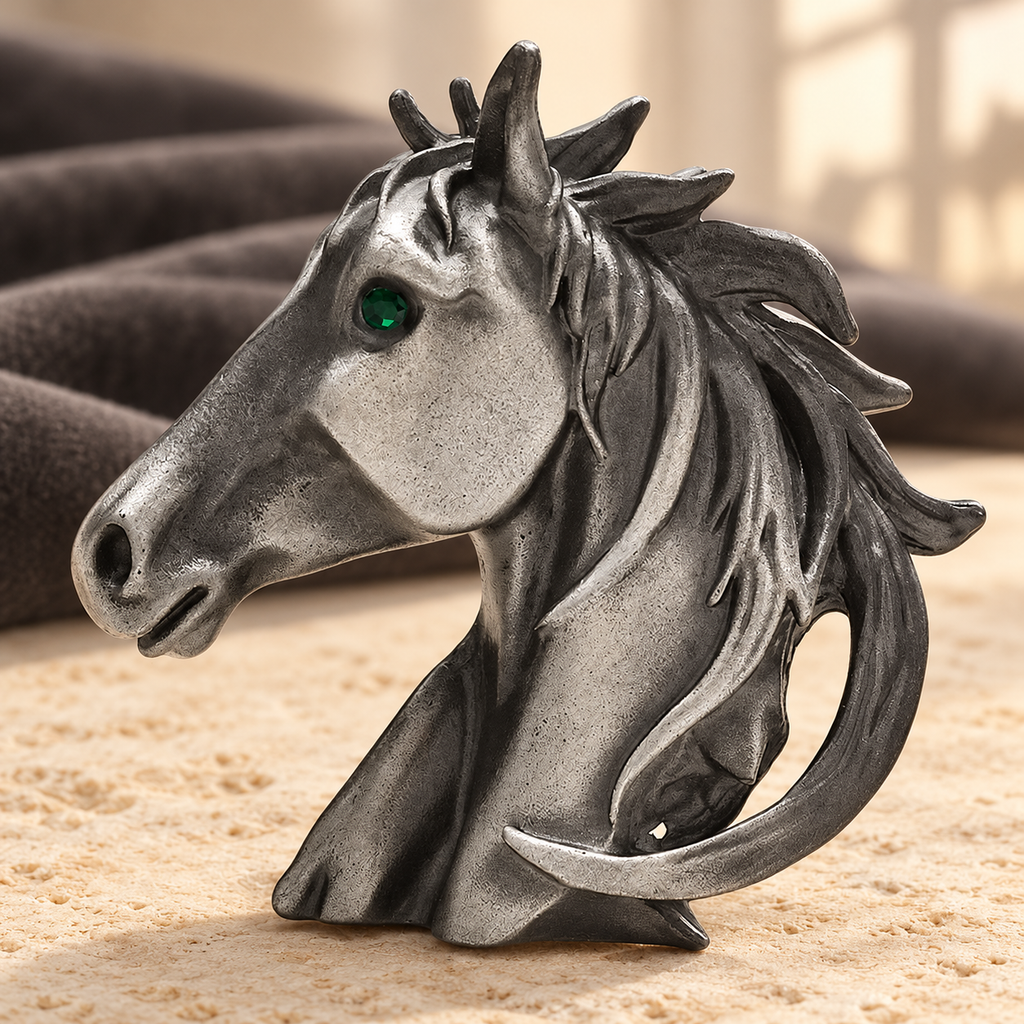 Sculptural Horse Head with Green Eye Brooch — styled background