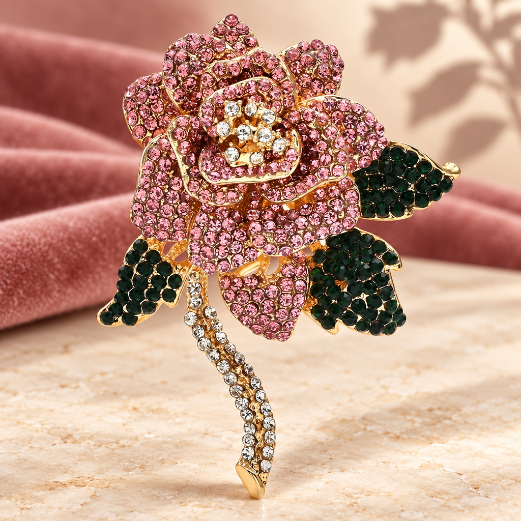 Rhinestone Rose with Crystal Tassel Brooch — styled background