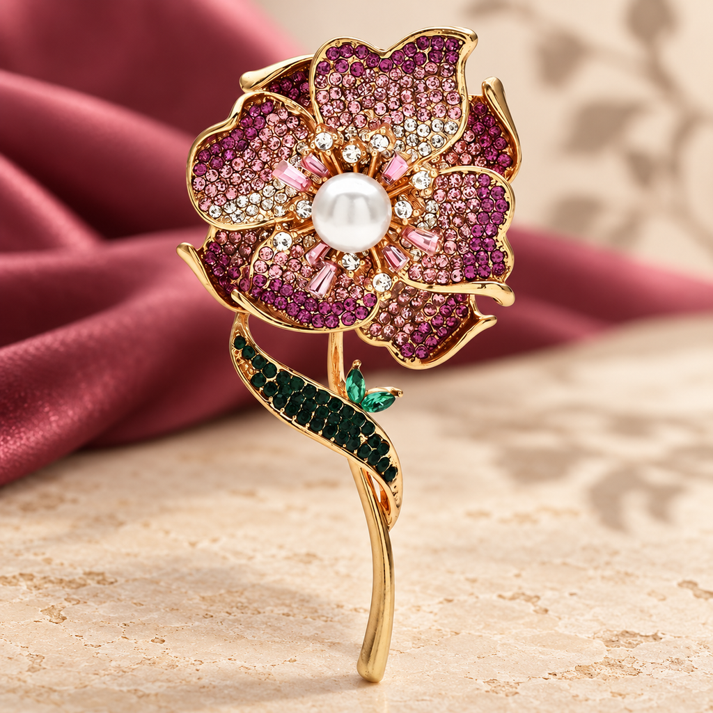 Pearl-Look Begonia Flower Brooch — styled background