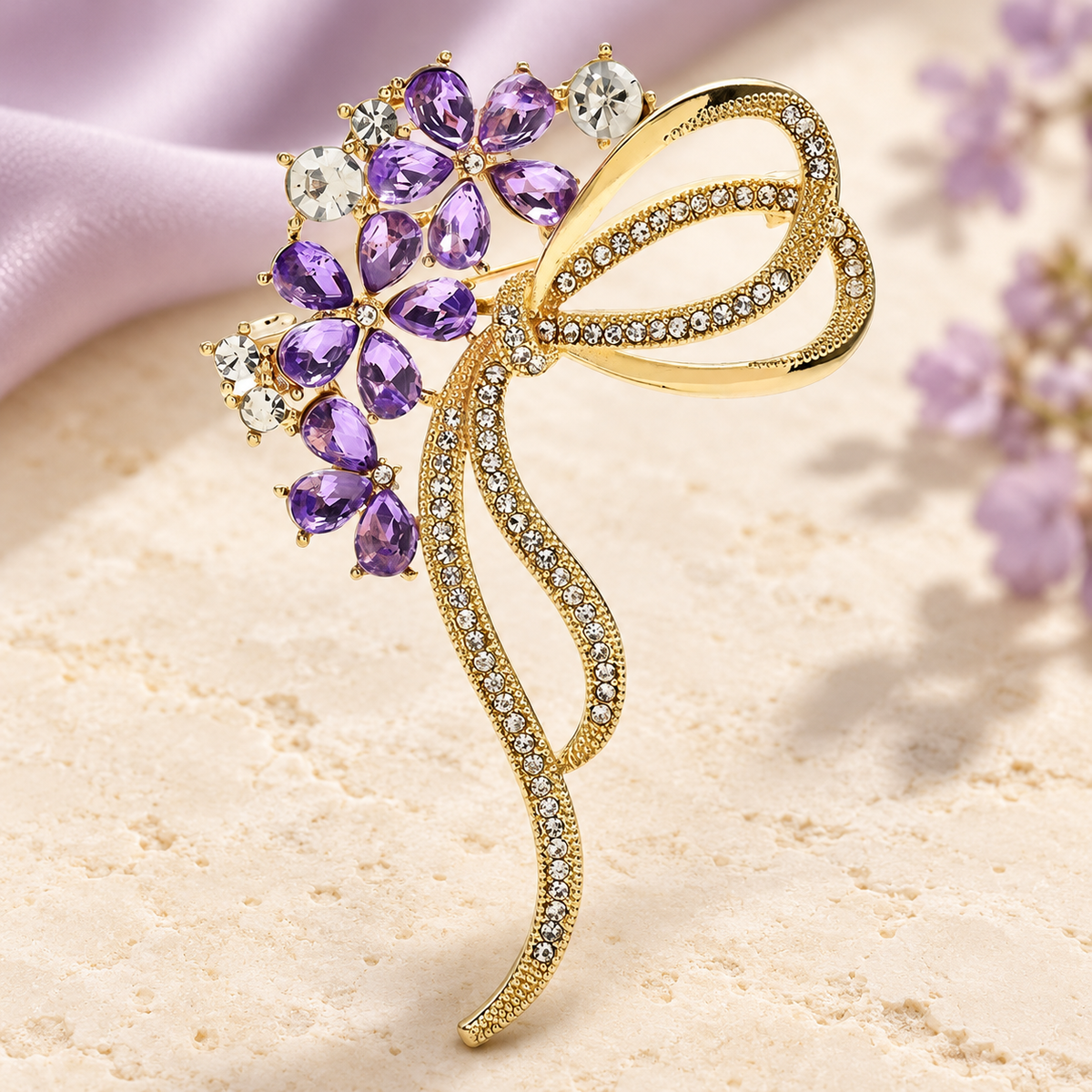 Crystal Flower Bouquet Bow Brooch — styled background