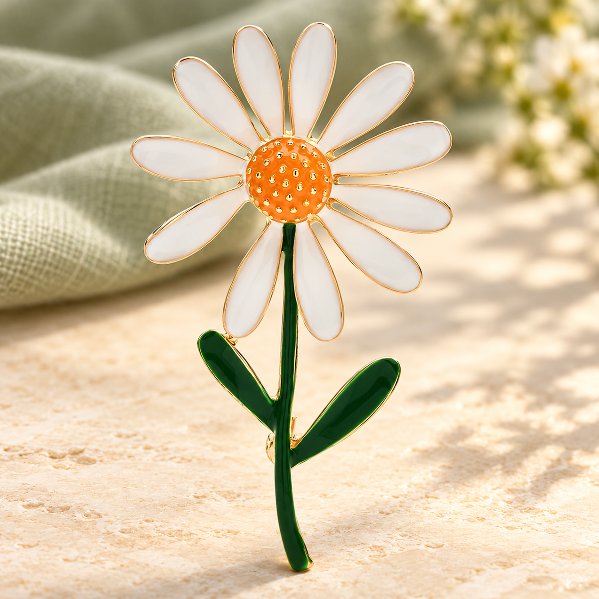 White Daisy Flower Brooch — styled background