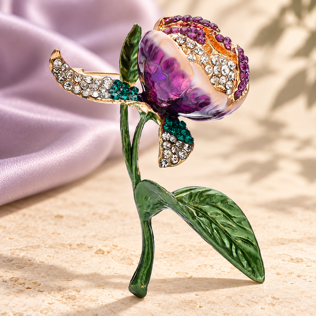 Purple Tulip Bud with Green Leaves Brooch — styled background