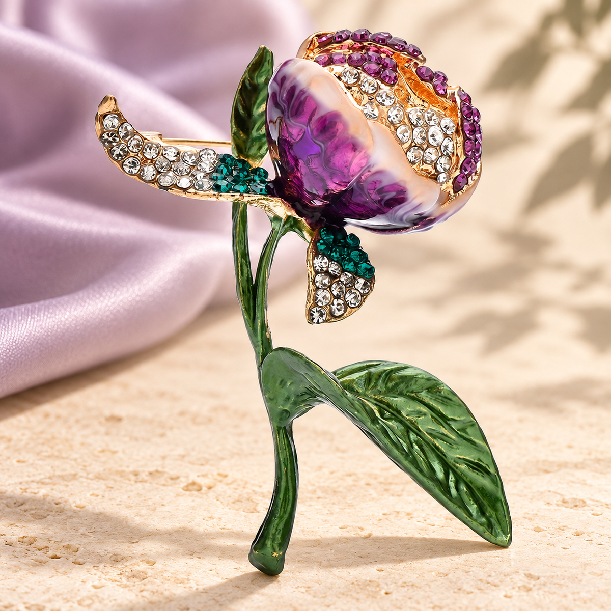 Purple Tulip Bud with Green Leaves Brooch — styled background
