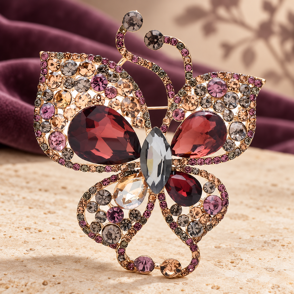 Rhinestone Swallowtail Butterfly Brooch — styled background