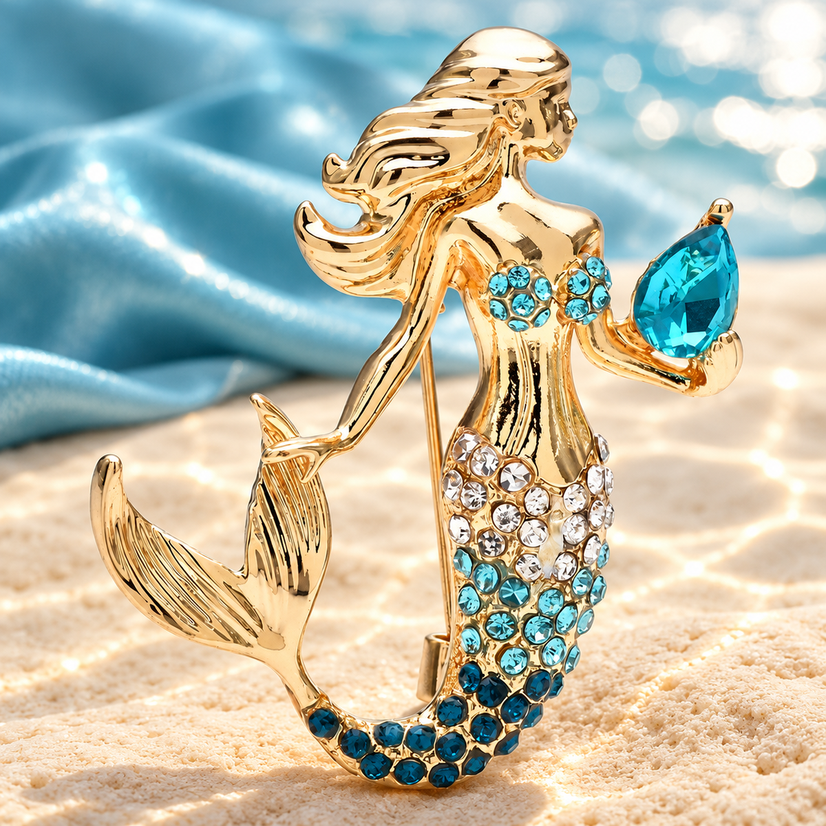 Mermaid Holding Crystal Conch Brooch — styled background