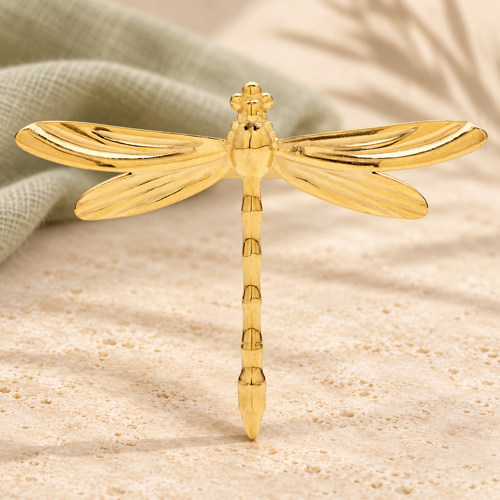 Polished Dragonfly Stainless Steel Brooch — styled background