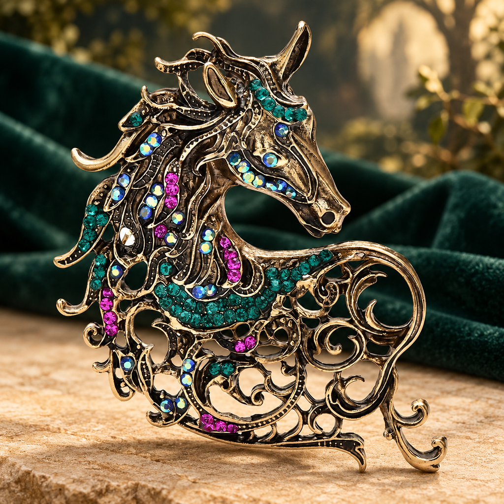 Jeweled Openwork Unicorn Brooch — styled background