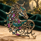 Jeweled Openwork Unicorn Brooch — styled background