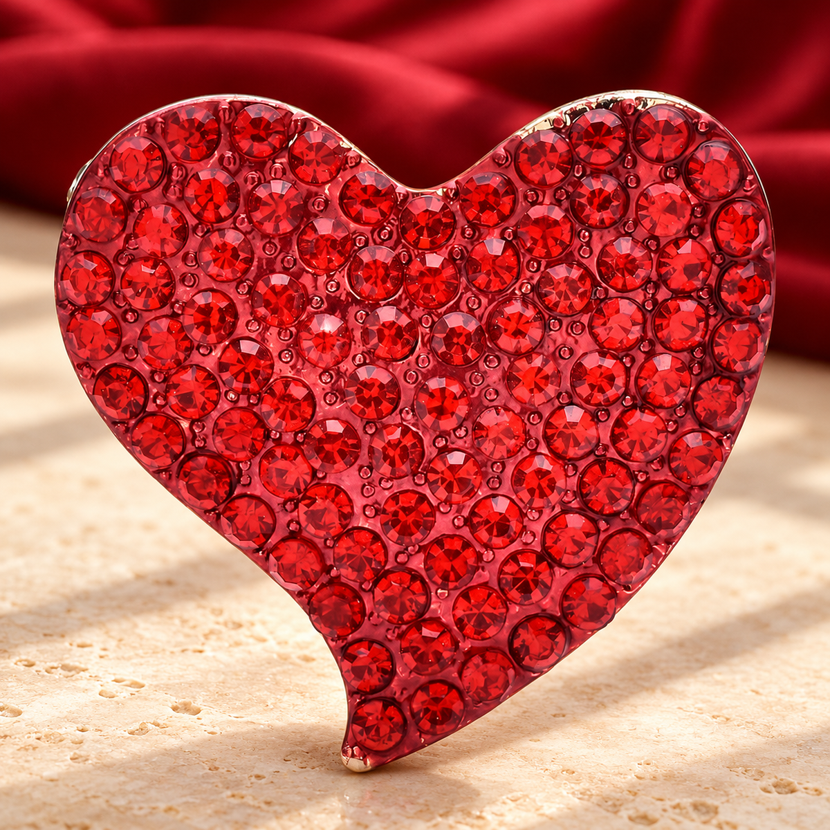 Red Rhinestone Heart Brooch — styled background
