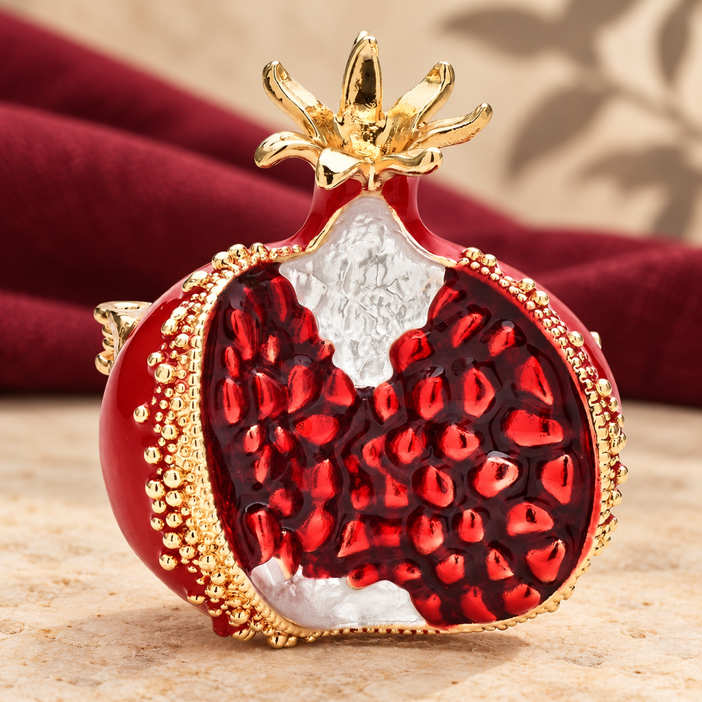 Open Pomegranate with Red Seeds Brooch — styled background