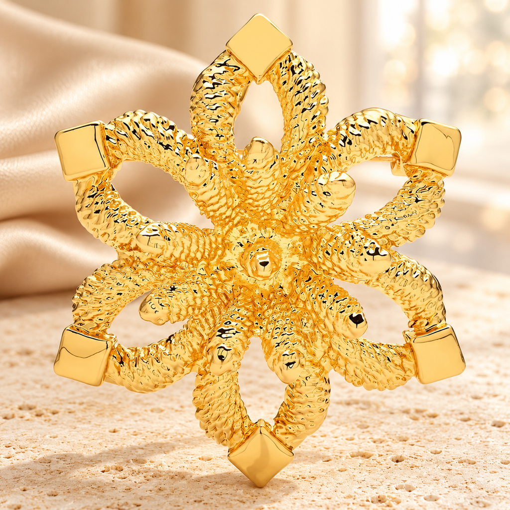 Textured Six-Petal Snowflake Brooch — styled background