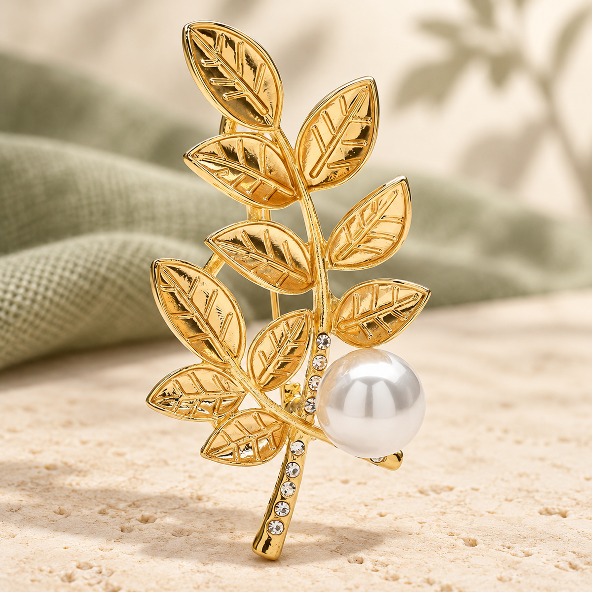 Wheat Branch with Pearl-Look Accent Brooch — styled background
