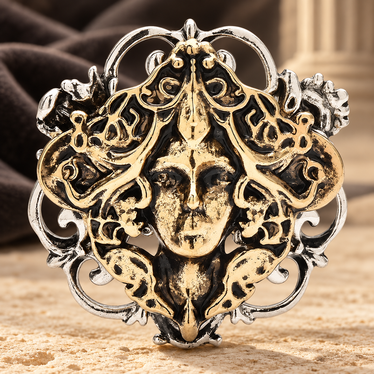 Layered Medusa with Snakes Brooch — styled background