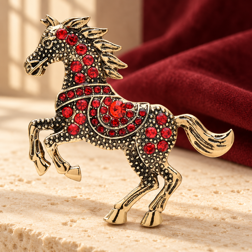 Jeweled Galloping Horse Brooch — styled background