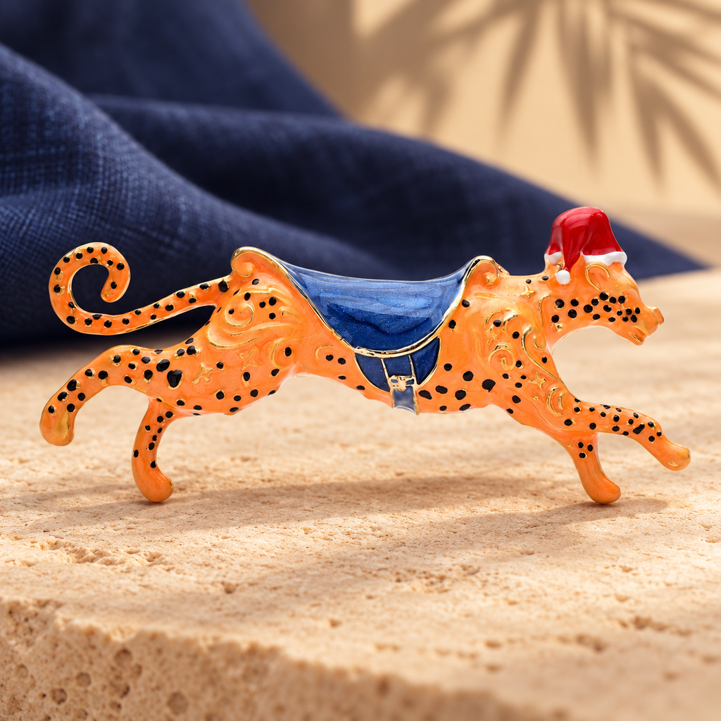 Spotted Running Leopard with Blue Saddle Brooch — styled background