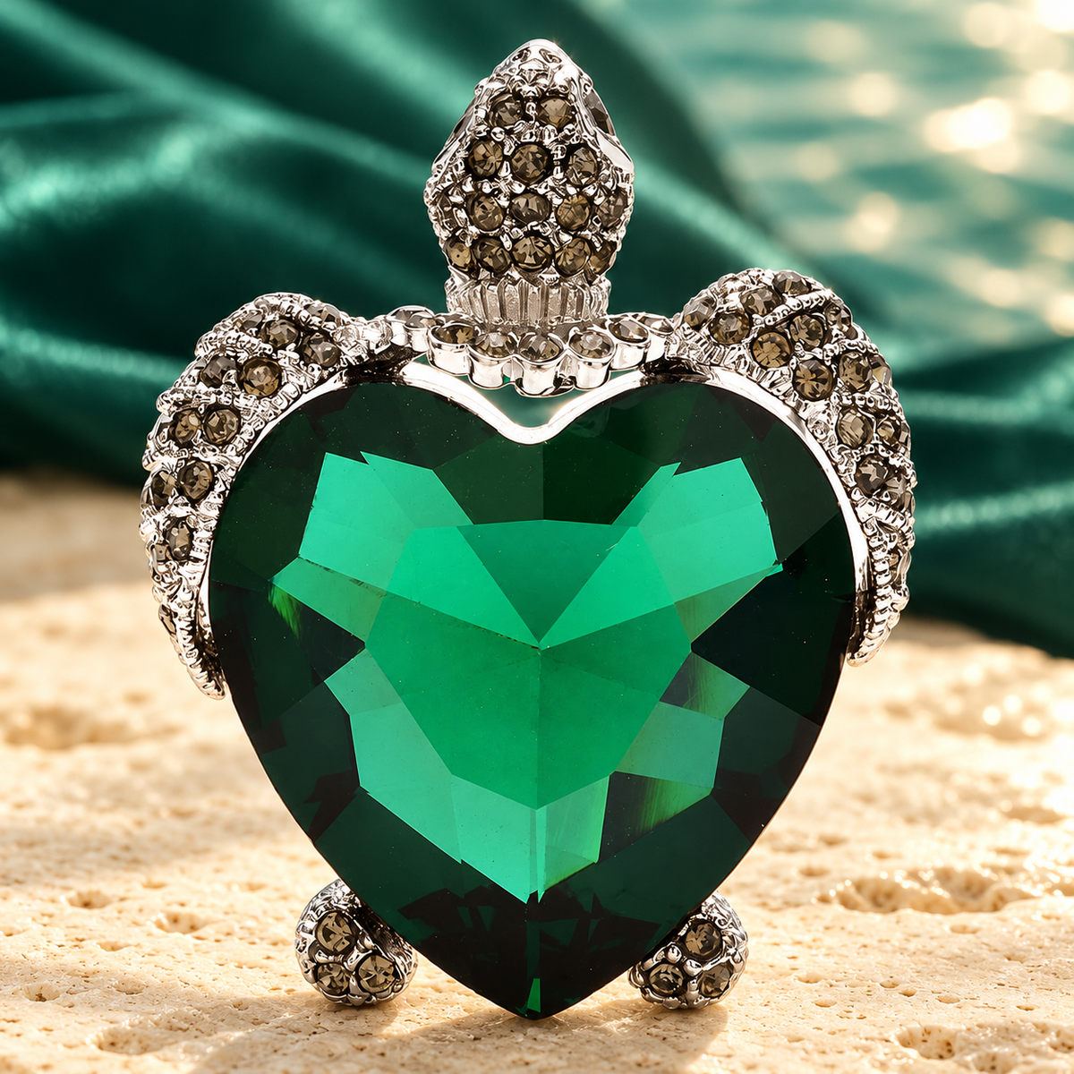 Green Heart Crystal Sea Turtle Brooch — styled background