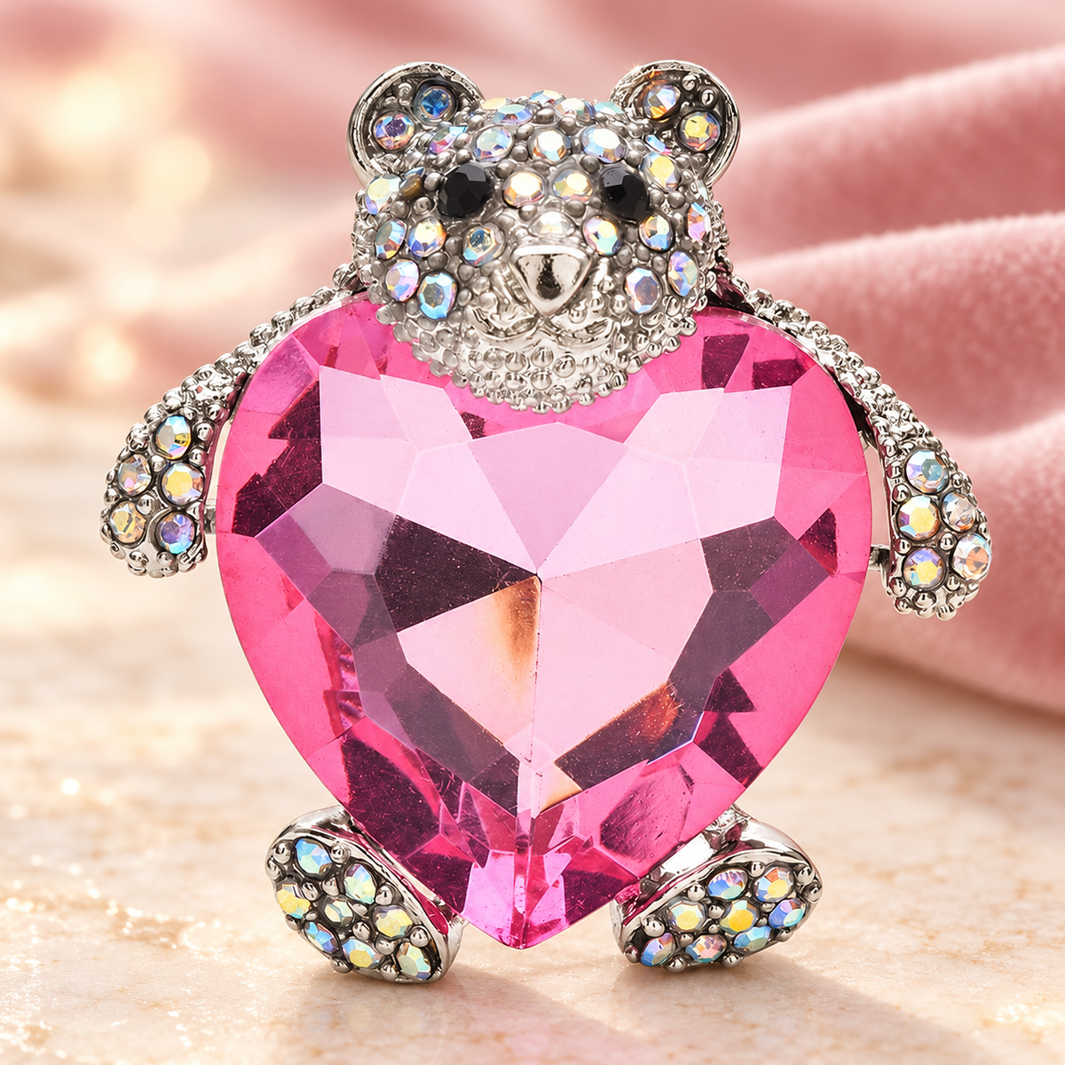 Bear Hugging Pink Heart Crystal Brooch — styled background