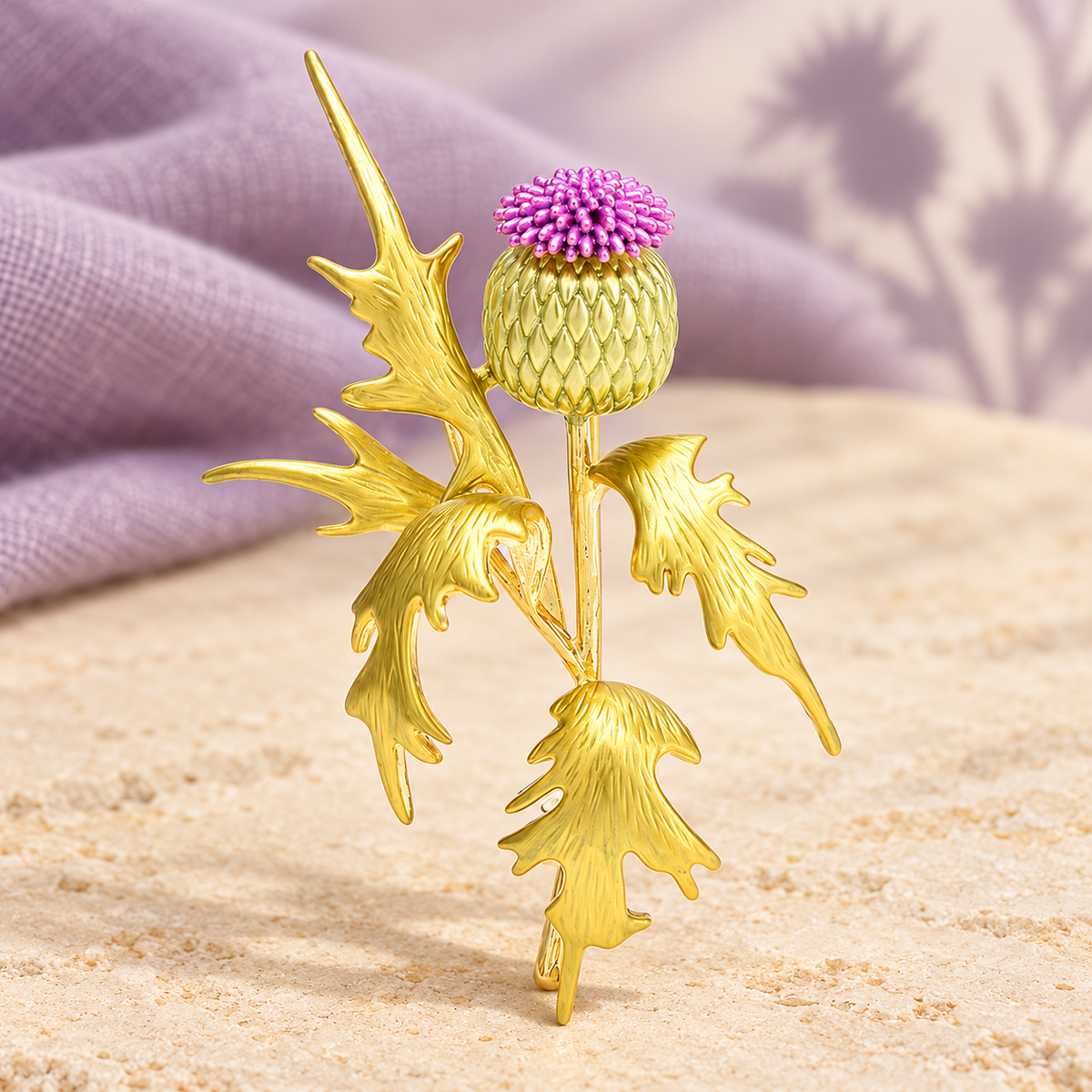 Purple Thistle with Golden Leaves Brooch — styled background