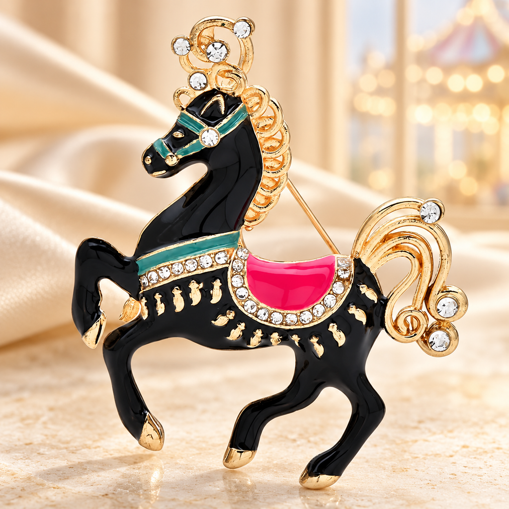 Jeweled Carousel Horse Brooch — styled background