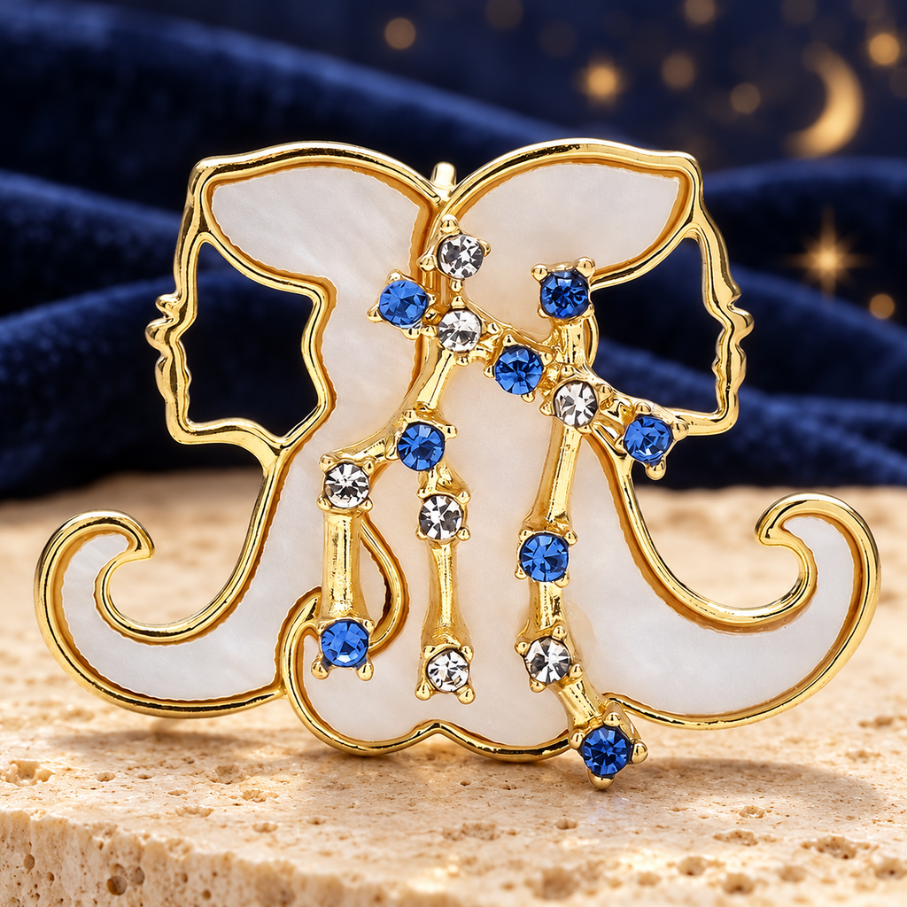 Gemini Zodiac Twins with Blue Stars Brooch — styled background