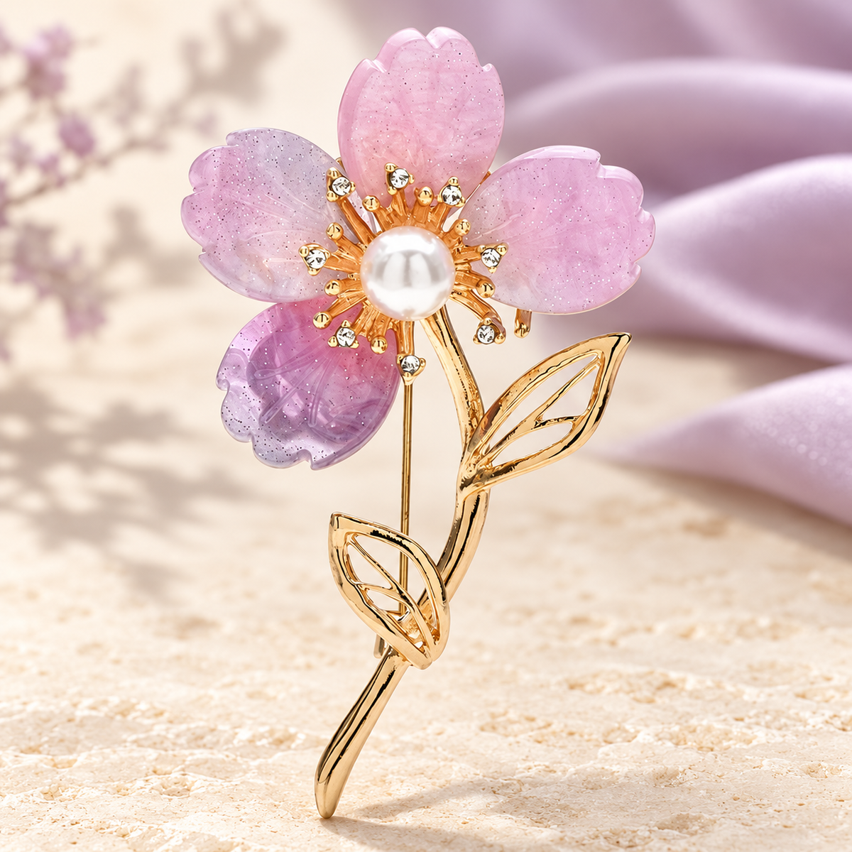 Pearl-Look Flower on Twisted Stem Brooch — styled background