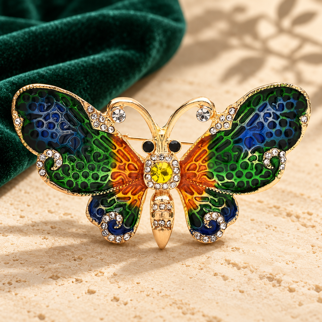 Jeweled Enamel Butterfly Brooch — styled background
