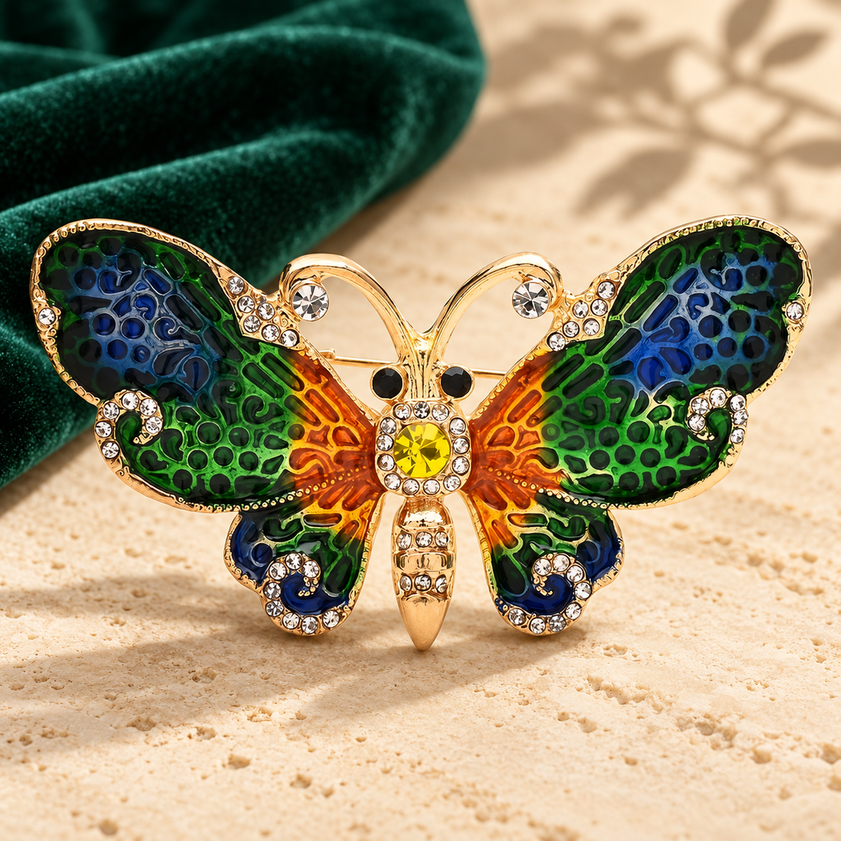 Jeweled Enamel Butterfly Brooch — styled background