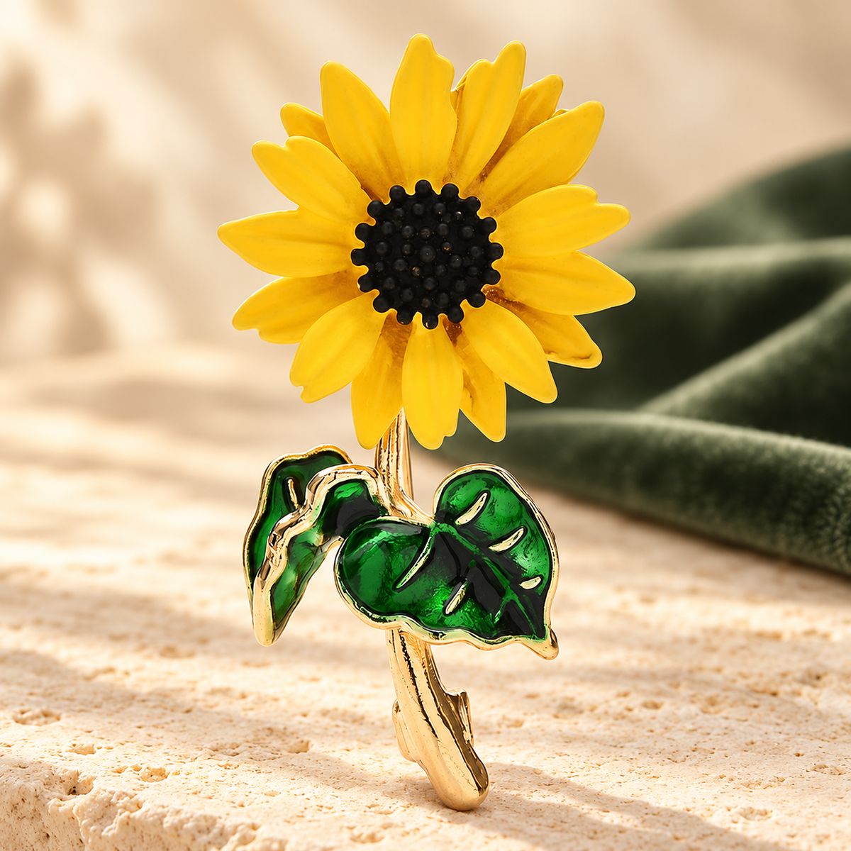 Yellow Enamel Sunflower Brooch — styled background