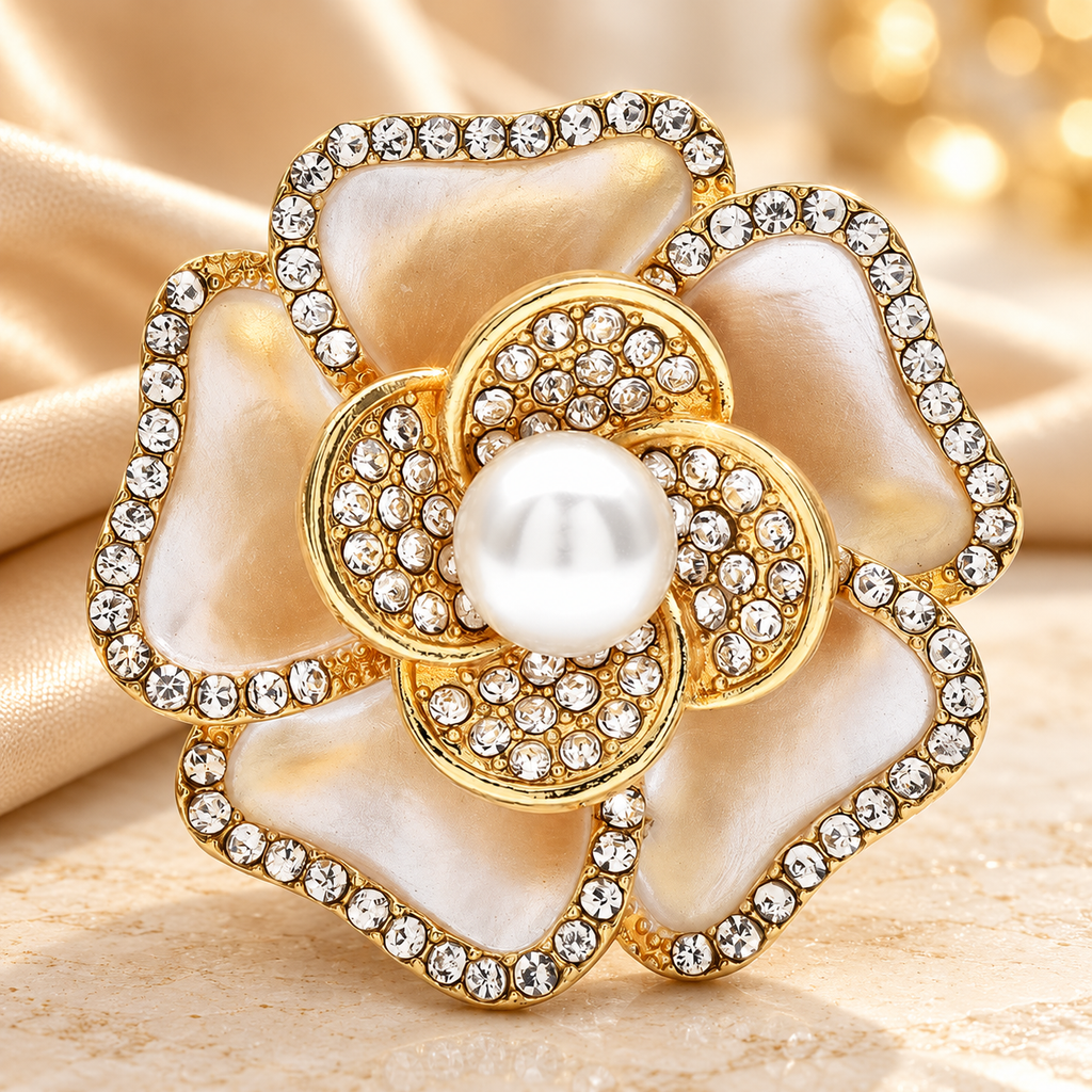Pearl-Look Peony Flower Brooch — styled background