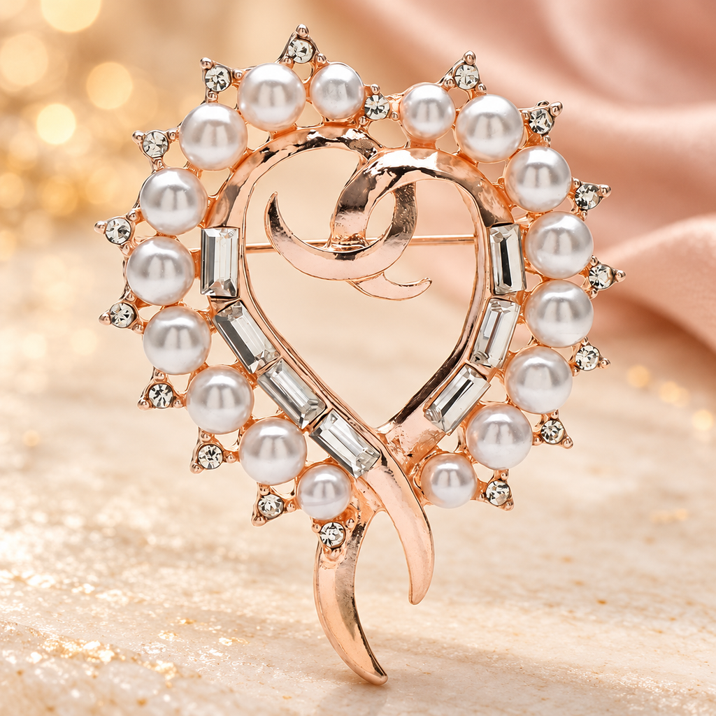 Pearl-Look Heart with Interlocking Letters Brooch — styled background