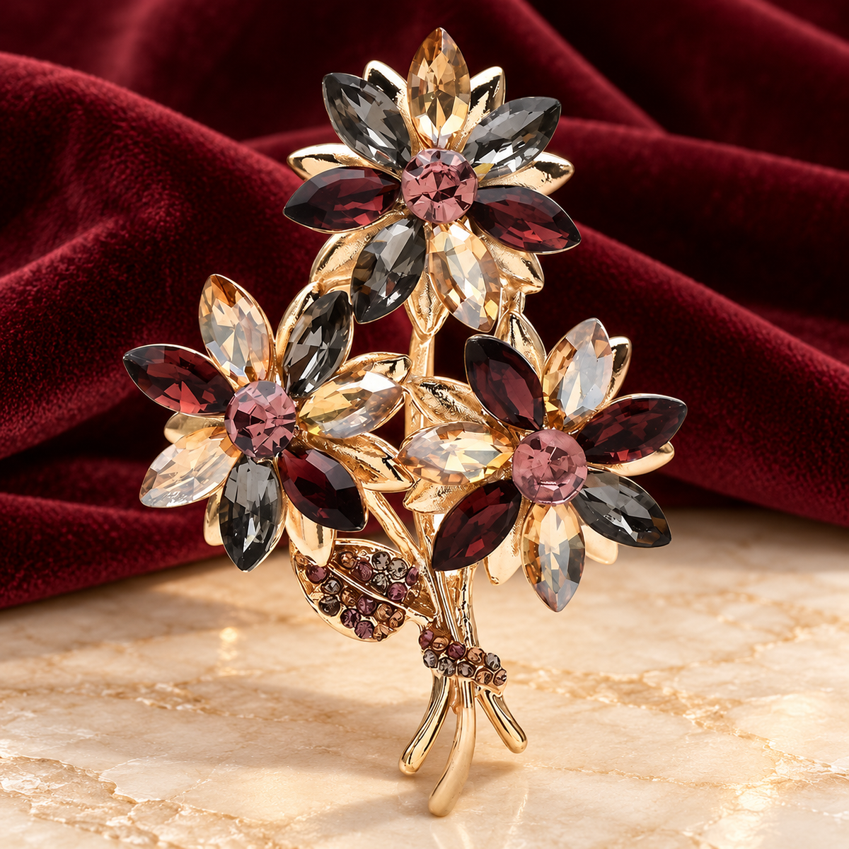 Marquise Rhinestone Three-Flower Bouquet Brooch — styled background