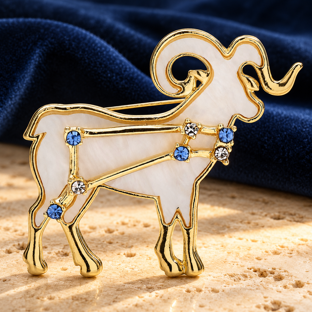 Aries Ram with Blue Star Accents Brooch — styled background