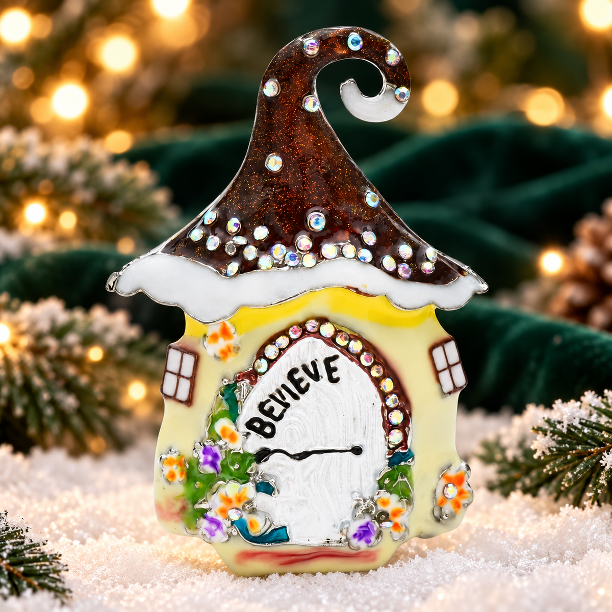 Snowy Mushroom House Christmas Brooch — styled background